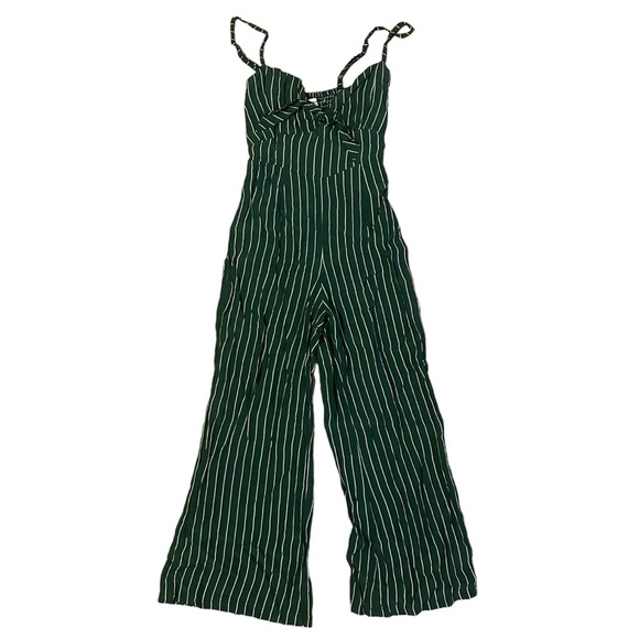 Faithfull The Brand Presley Green Striped Tie-Front Wide Leg Jumpsuit Size 2 - Picture 2 of 6